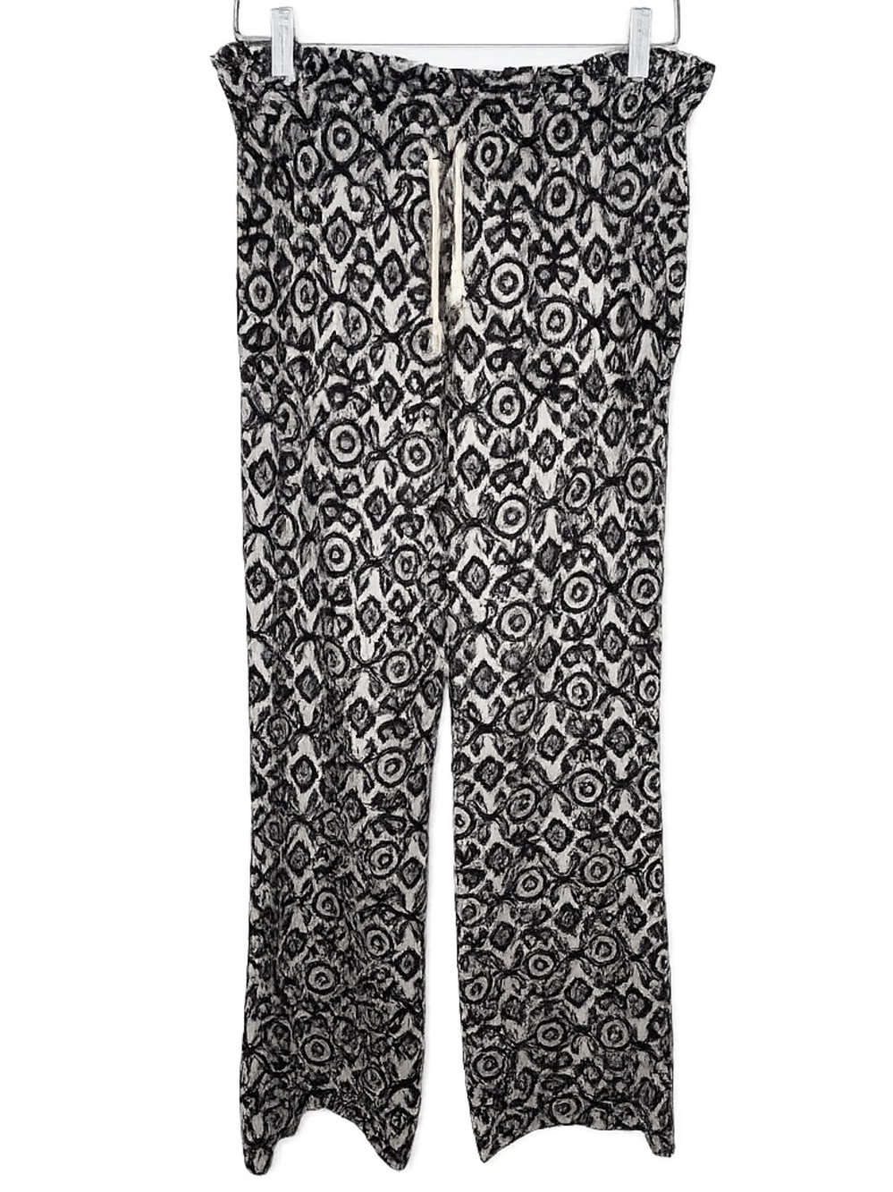 Cali 1850 Linen Blend Drawstring Pants Navy White Ikat Print Size Small Boho